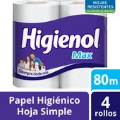 PAPEL HIGIENICO HIGIENOL MAX HOJA SIMPLE 4X80